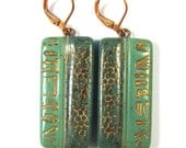 Two Tone Teal and Copper Hieroglyphics Polymer Clay Earrings