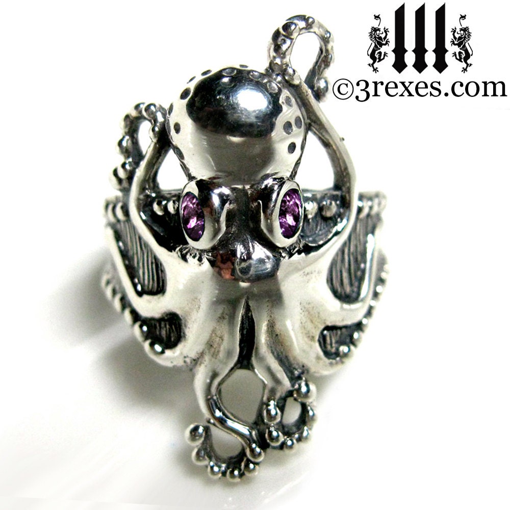 Silver Octopus Ring Purple Amethyst Stone February Birthstone Size 7