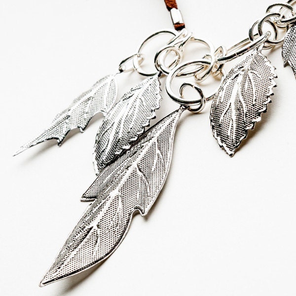 Silver leaves necklace, jewelry,  brown suede, gift for her, accessories