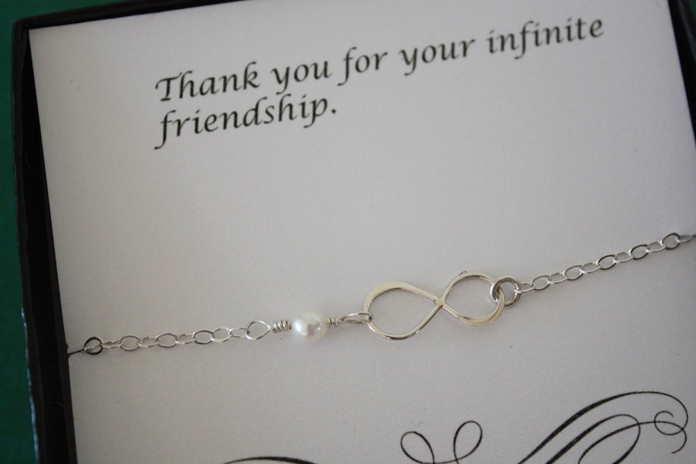 Friendship Bracelet, Infinity Jewelry, Best friend Gift, Thank you Card, White Pearl, Silver Bracelet