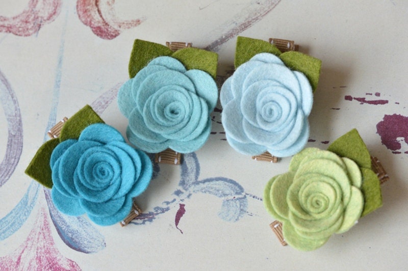 Felt Flower Hair Clips . Just Roses in Ocean Mist
