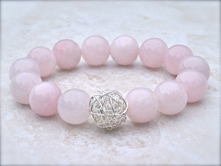 Rose quartz bracelet, with hand formed silver, light pink, artisan jewelry gift idea, ready to ship, gift wrap included
