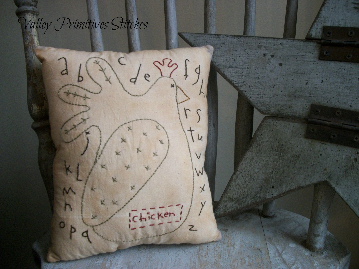 Decorative Pillow, Primitive Chicken, Sampler, Hand Stitched