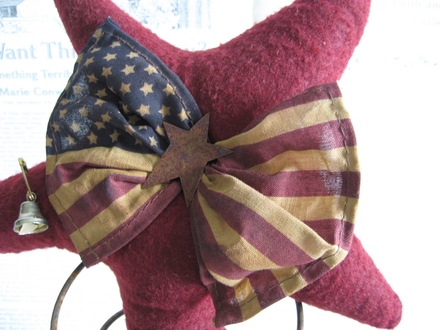 Primitive Star with Flag Make Do, Burgandy Star Nodder, memorial Day, 4th of July bowl filler, Stars and Stripes on a spring, Folk Star