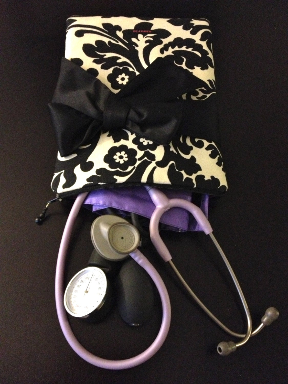 fabric medical case W/ BOW, stethoscope and BP cuff - in black and champagne damask (medical pouch, pockets for penlight and tools)