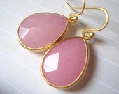Rose pink quartz stone drop earrings gold framed facet petite elegant rose cut fancy dangle little small dainty drop earrings for women girl