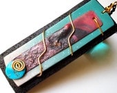 Rosey Fusion, copper and polymer clay, unique pendant necklace, forged, beach summer elegant, blue black, metal, cold connection