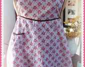 Vintage 50s Full Apron - Sweet Pink Roses with Cocoa Brown Trim