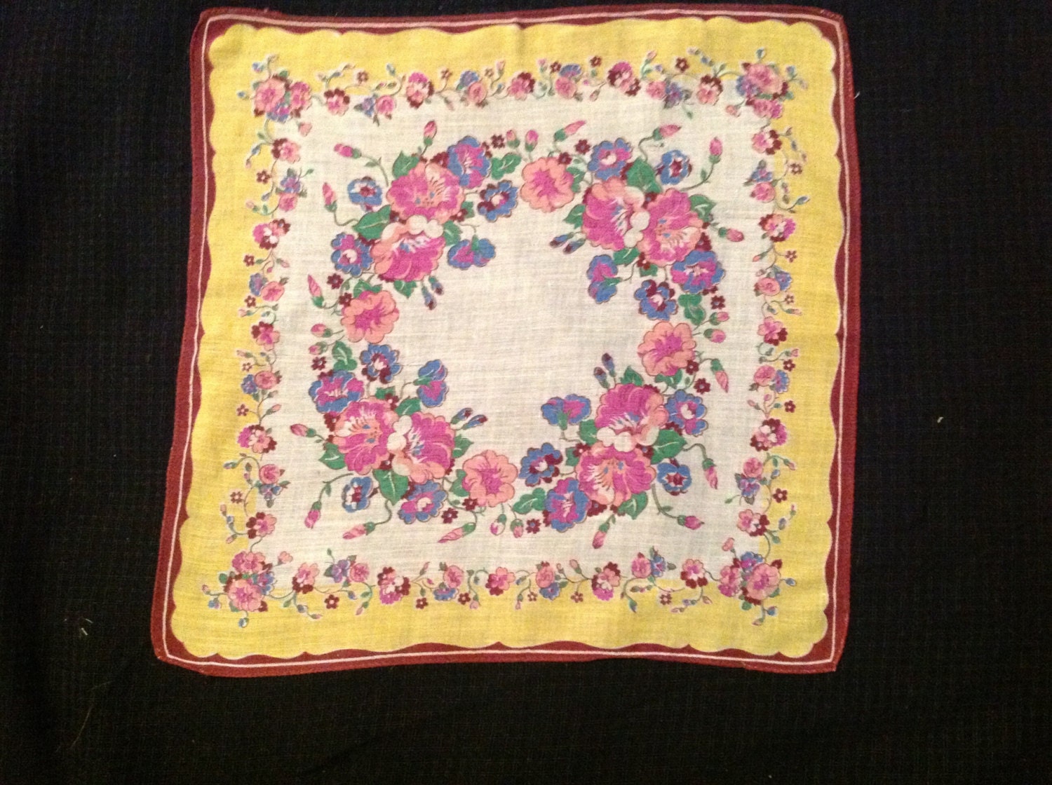 Vintage Hankie White and Yellow Cotton Handkerchief with Purple, Pink and Lavender Flowers