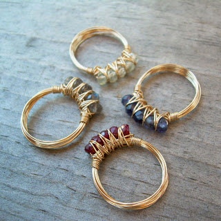 Wire Wrapped Swarovski Crystal Sterling, 14k gold Mother's Birthstone Bridesmaid Rings