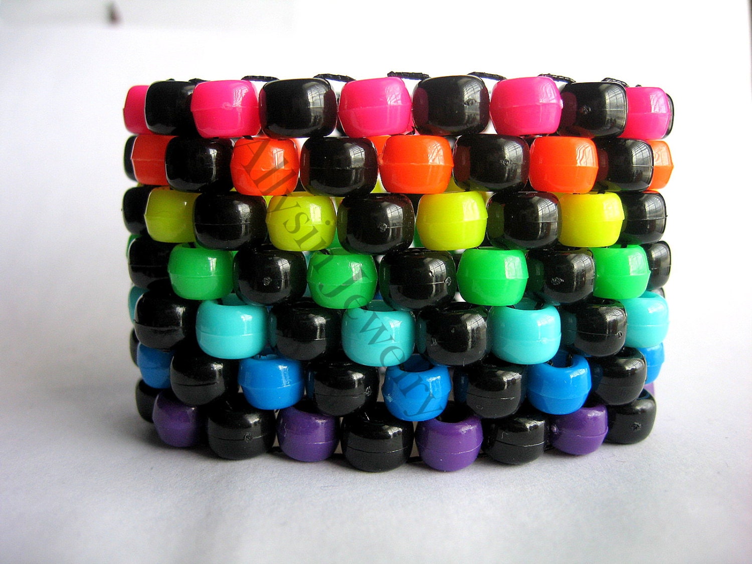 Rainbow, Black Kandi Cuff, Neon Bracelet, Raver Plur,  Diagonal Pattern