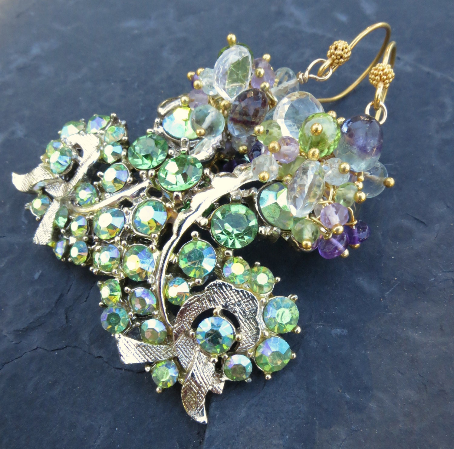 Peridot earrings with vintage rhinestone fronds spring green purple bride fashion mermaid long cluster dangle gemstone jewelry --Fern--
