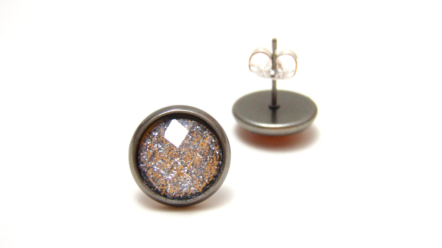 Silver Glitter Studs - Super sparkly bright silver glitter rhinestones on gunmetal post earrings