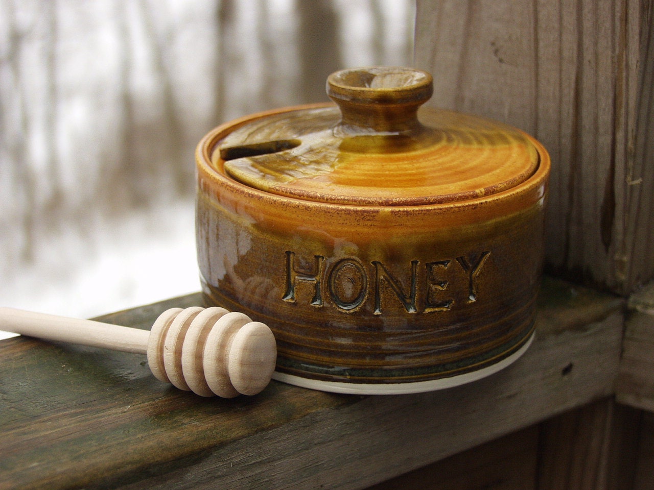 Small Honey Jar Pot with Wood Dipper Brown Spiced Pumpkin Ready to ship