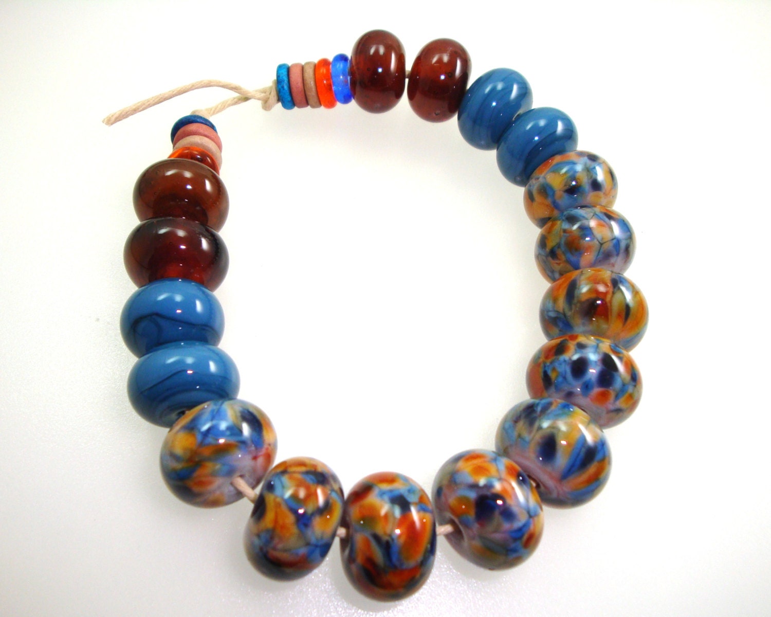 Handmade Lampwork Bead Set Amber Gold Topaz Rust Russet Nectarine Indigo Teal Blue Navy Lapis Sapphire Artisan Glass -- Fine Tonight