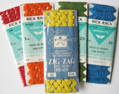 5 Packages of Vintage Cotton Rick Rack - Red - Orange - Yellow - Green - Aqua