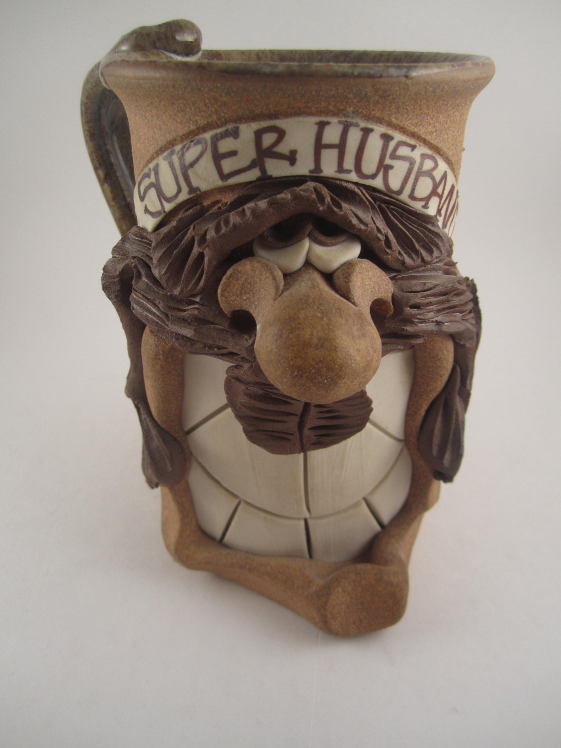 Vintage Super Husband Coffee Mug Tea Cup FACE MUG Stirling Earth Works Spaghetti Mustache 60s Folk Art with Funny Whimsical Character