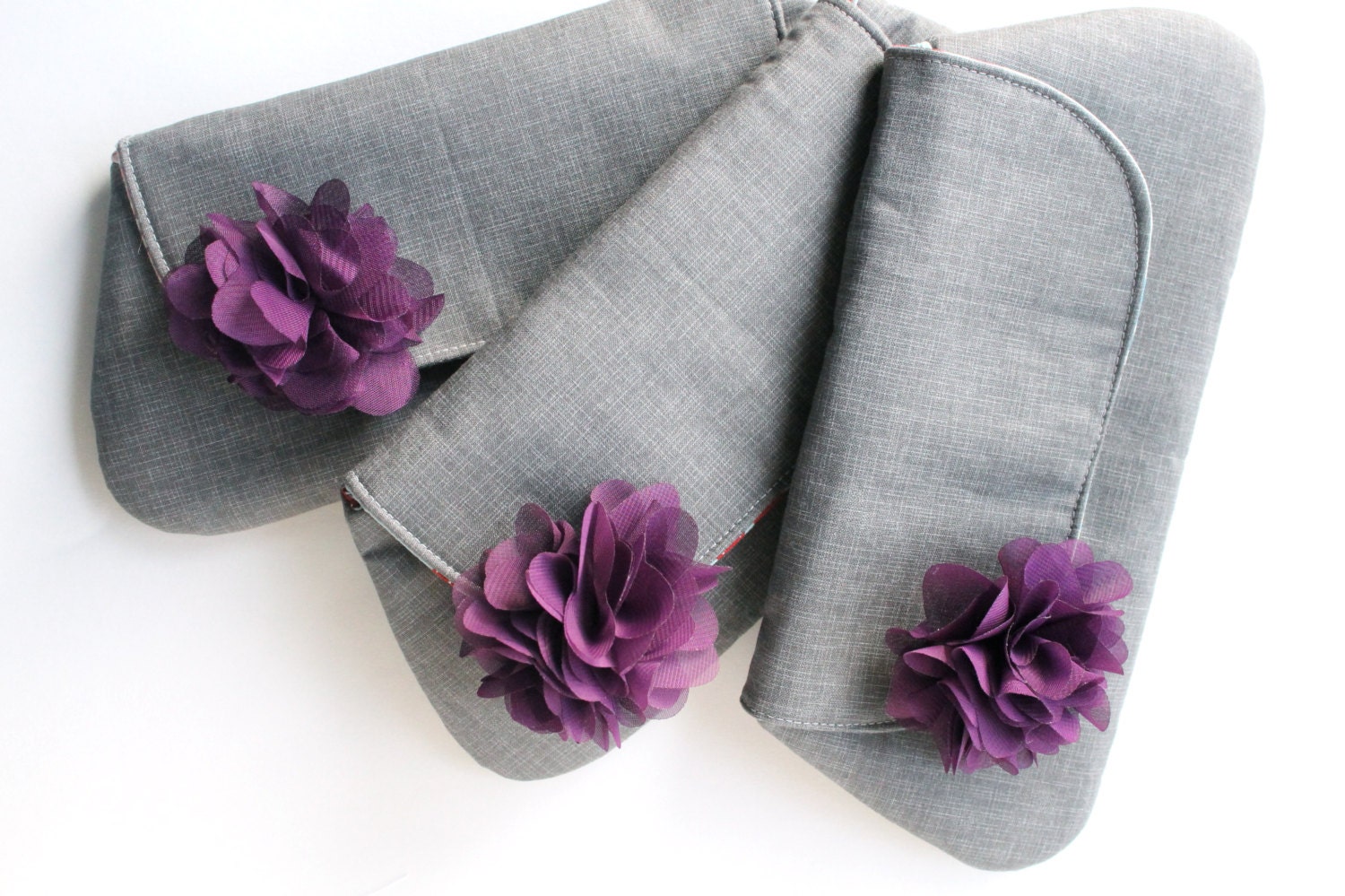 Bridesmaid Clutch Set, Wedding Clutch, Gray and Purple Flower Brooch, Set of 3