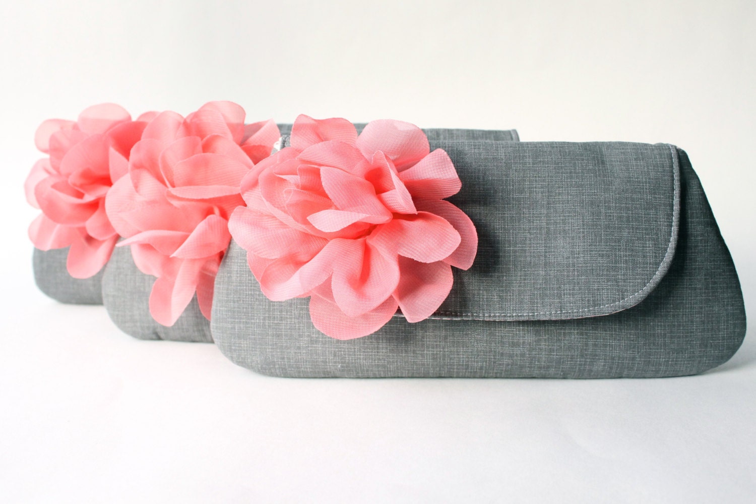 Bridesmaid Clutch Set, Wedding Clutch, Gray and Coral Clutch Set of 3, Personalized Bridesmaid Gift,  Flower Brooch, Choose Colors