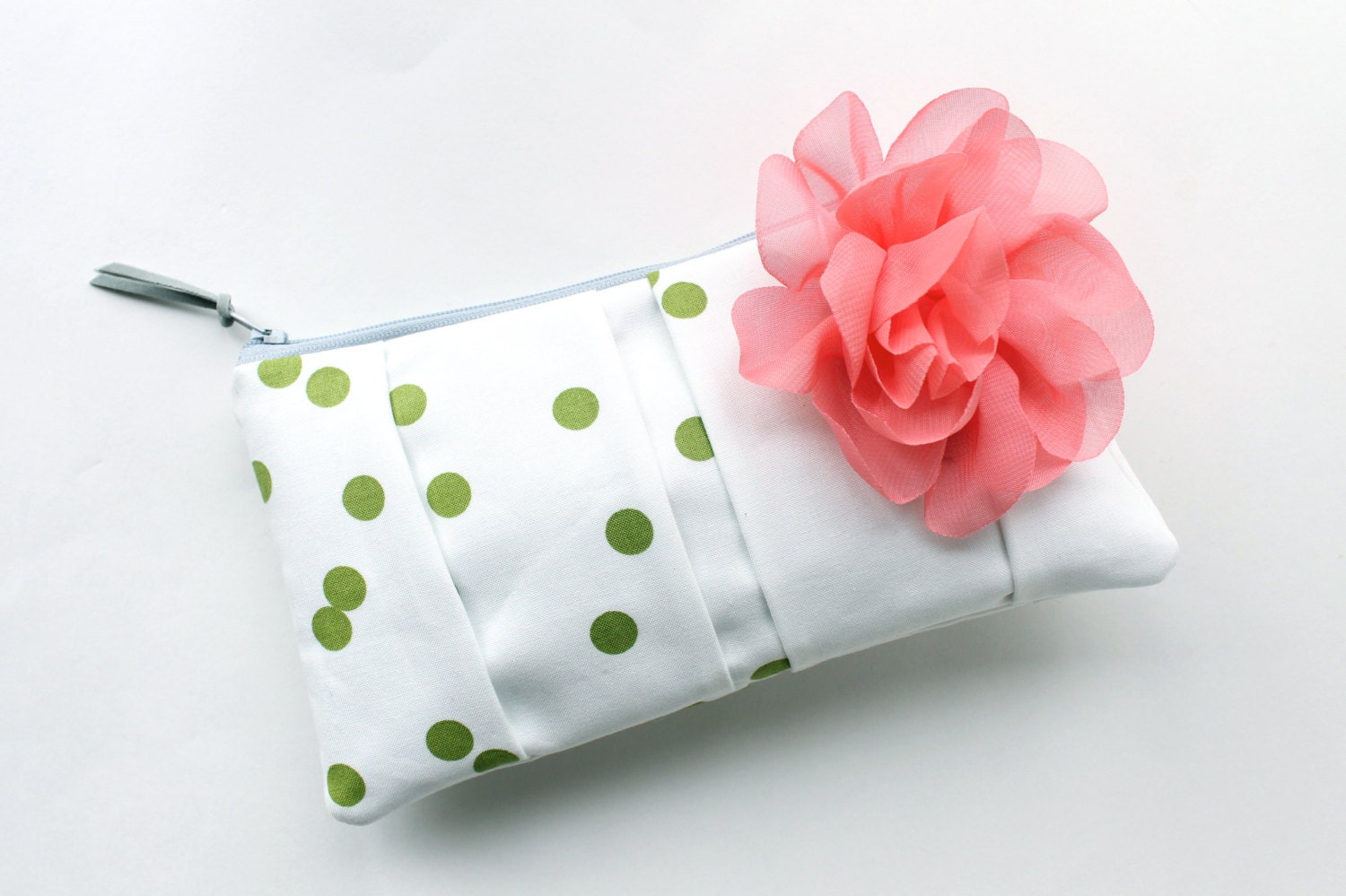 Pleated Clutch Purse, Green and Coral, Dots, Chiffon Flower, Bridesmaid Clutch, Wedding Clutch, Choose Colors