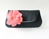 Bridesmaid Clutch, Black and Coral Pink, Wedding Clutch Purse, Personalized Bridesmaid Gift, More Colors, Mint, Aqua, Purple, Navy
