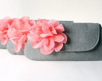 Bridesmaid Clutch Set of 4, Wedding Clutch Purse, Gray and Coral,  Flower Brooch, Design Your Own, Choose Colors