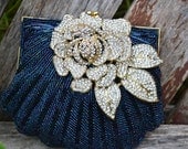 Vintage deep blue gold rose beaded clutch -- ready-to-ship purse