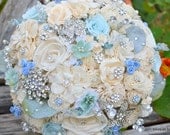 Mint and soft blue jeweled wood and preserved rose brooch bouquet -- made-to-order wedding bouquet