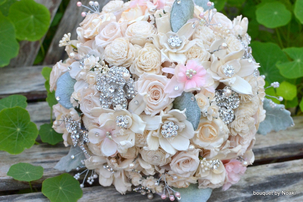 Mint and soft blush jeweled wood and preserved rose brooch bouquet -- made-to-order wedding bouquet