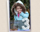 Big Number Three - Full Photo - Modern Purple and White - Birthday Invitation