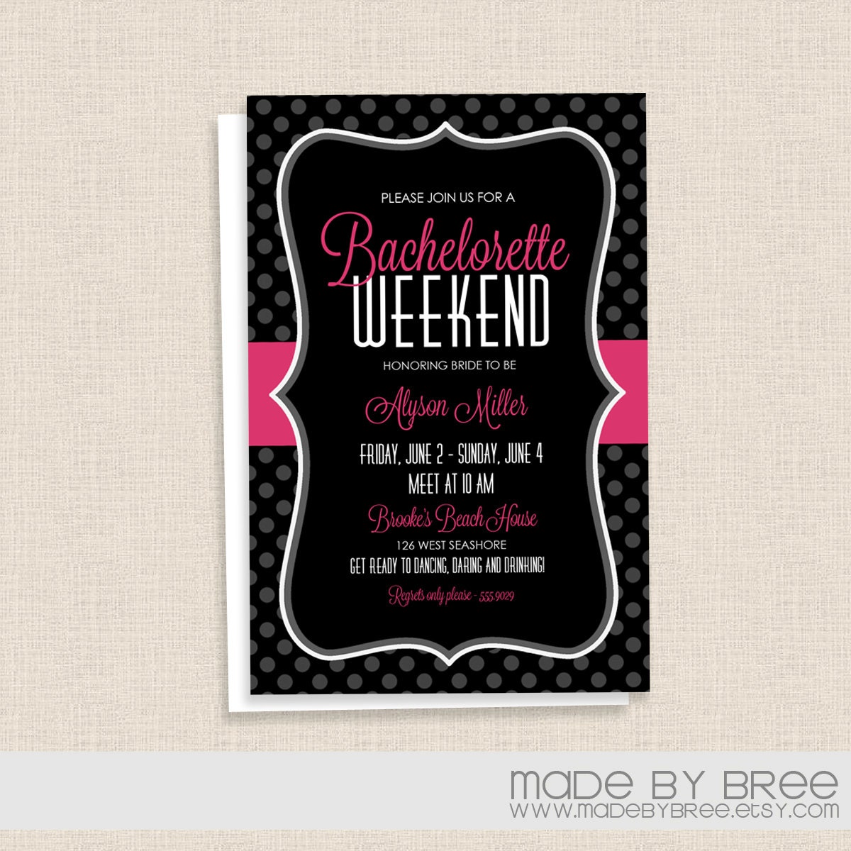 Polka Dots and Ribbons - Hot Pink and Black - Bachelorette Party Invitation