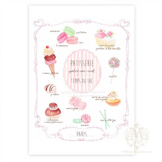 Kitchen art print, French, Cakes, Giclee, Illustration, Macaron, Cupcake,Tea Shop, Patisserie, Cafe, Pink, Ice Cream Cone