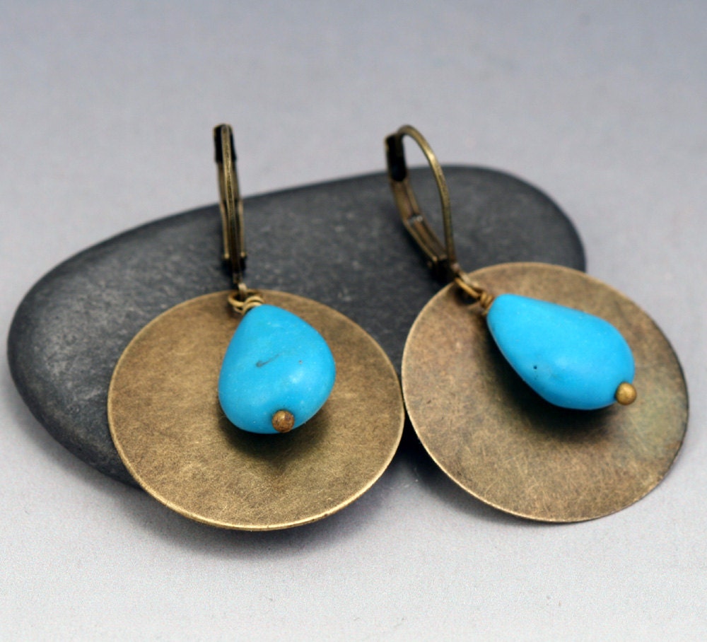 Turquoise Dangle Earrings - Antiqued Brass Disc Earrings