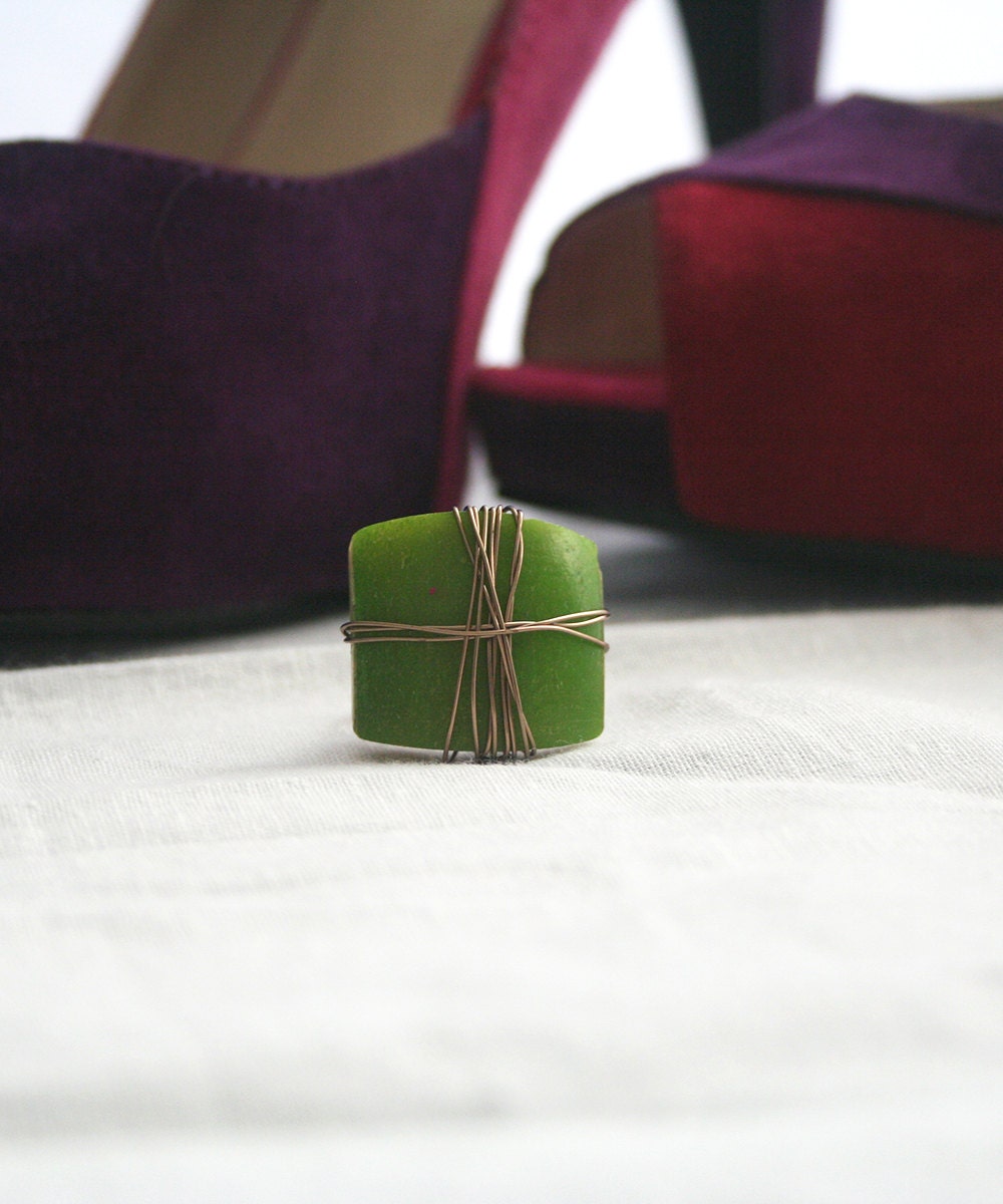 Lime Green Ring with Grey Copper Wire - Statement - Boho Chic