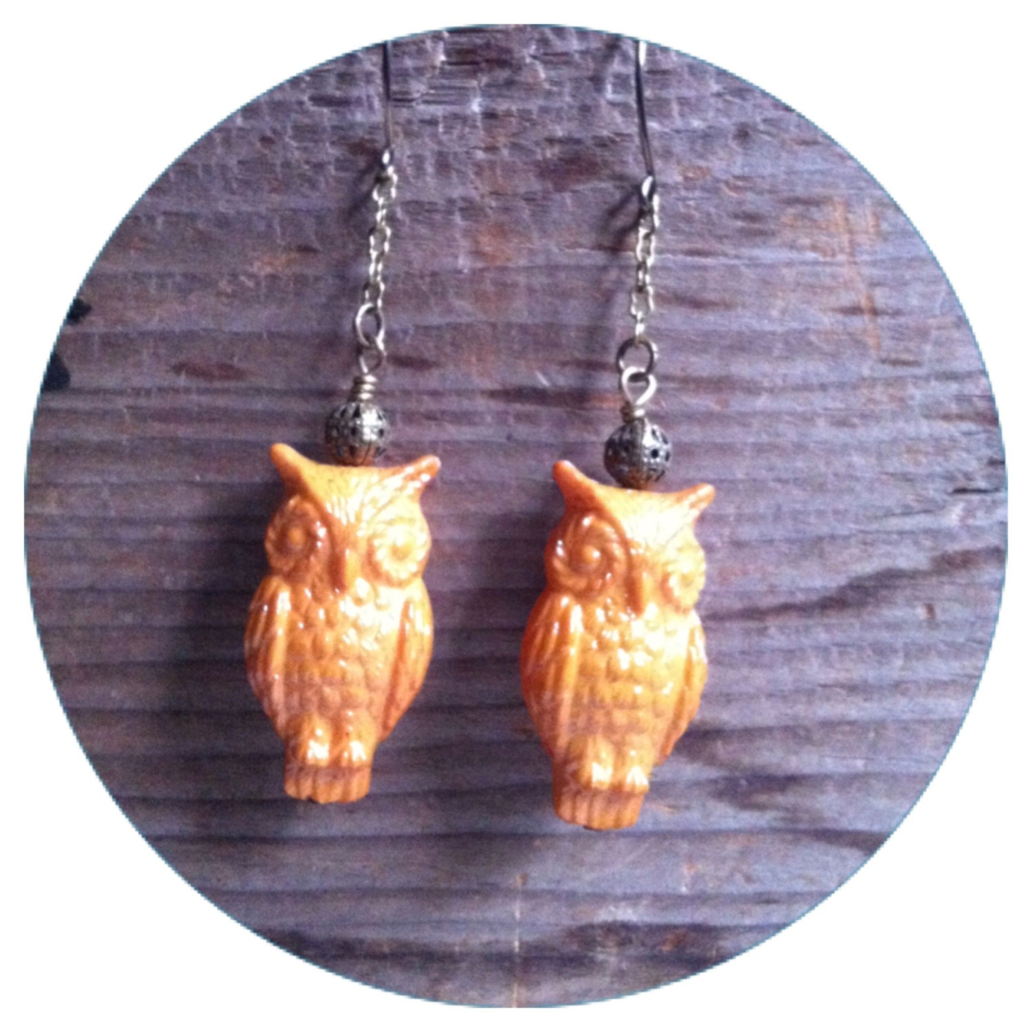 Earrings - vintage - mustard yellow - lucite owls on antique brass chain - woodland