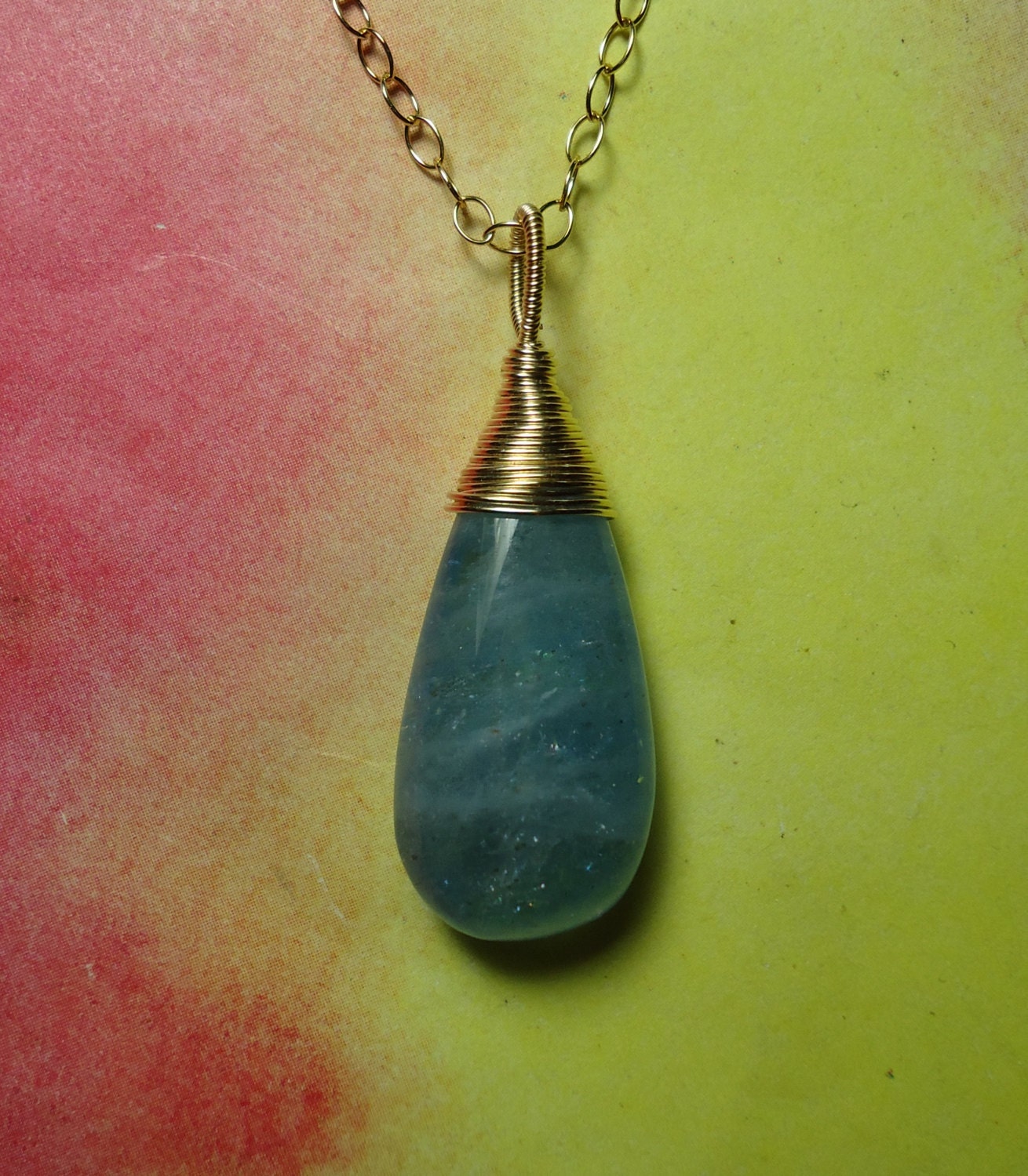 AQUAMARINE Large Natural Gemstone 14K Gold Filled Wire Wrapped Pendant Chain Necklace Rare Metaphysical Necklace Sale