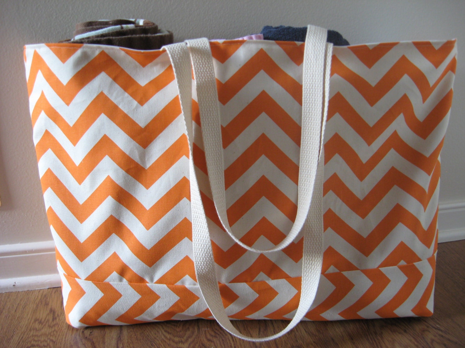 Extra Large Beach Tote, Beach Bag Chevron,  Mandarin orange and natural
