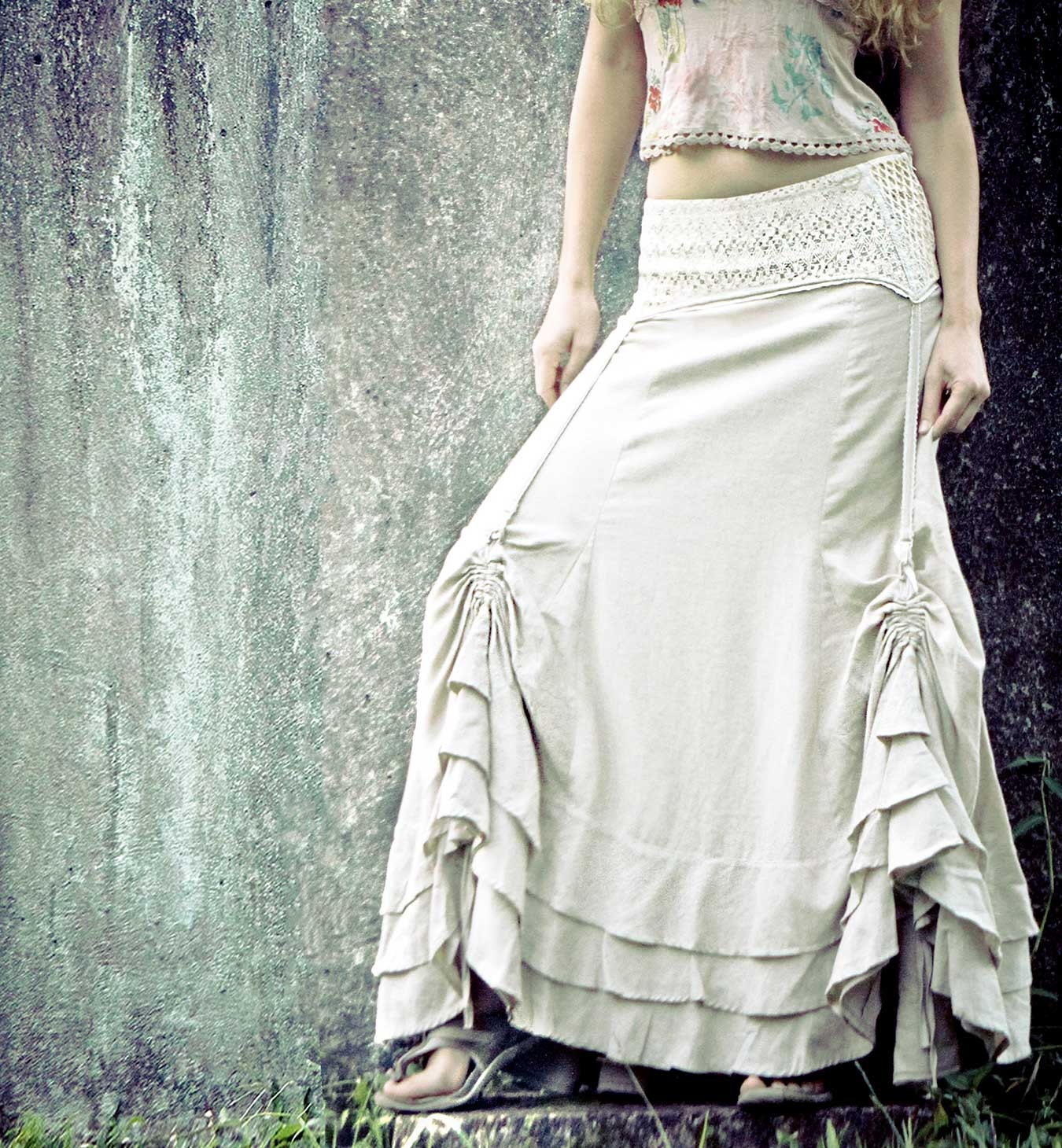 Natural Ivory Linen lace long skirt, gorgeous silhouette, adjastable height