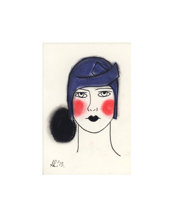 Art Deco Art - Original drawing - Flapper in Lilac  4" X 6"