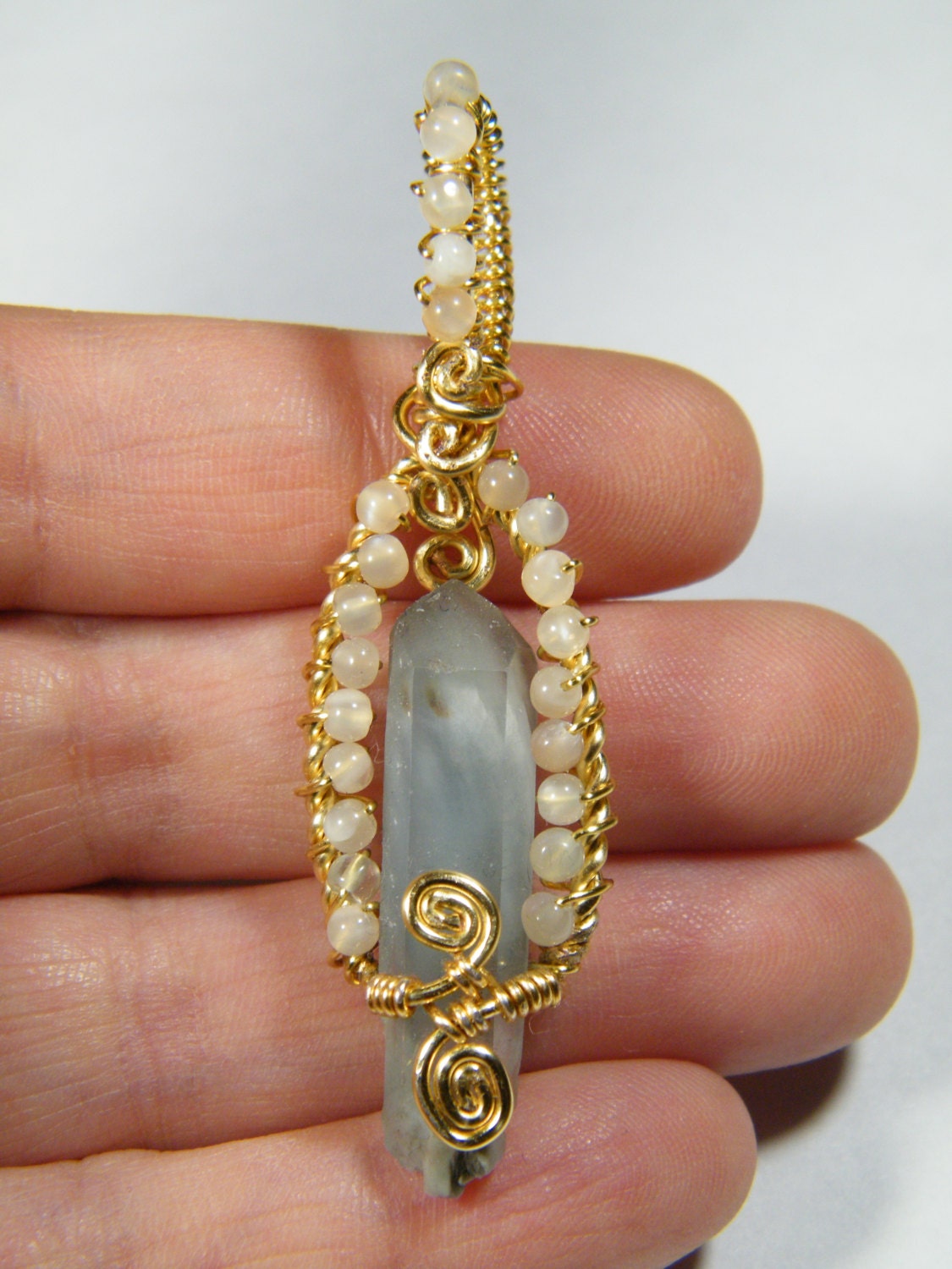 Natural Blue Tourmaline (Indicolite) Quartz point with Moonstone pendant
