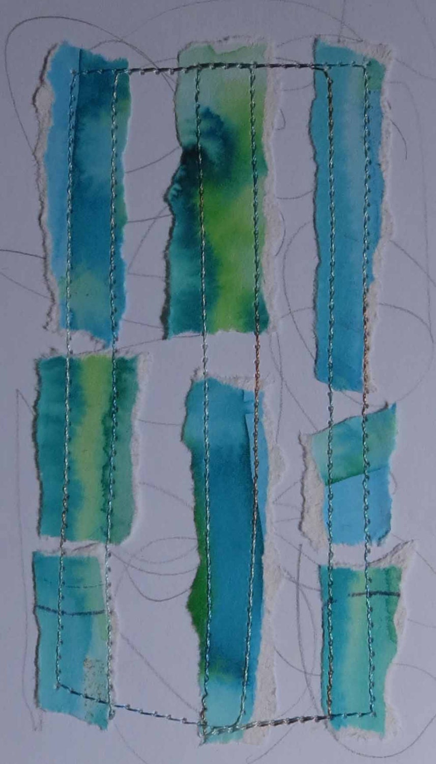 Blue and Green, Unique Colour Study, Original Collage with Stitch, Textile Art, Collage, OOAK, Paper,