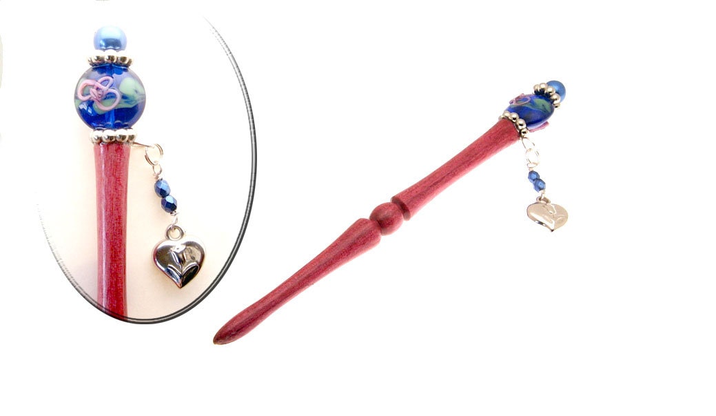 Handmade Wood Hair Stick Pink with Sapphire Blue Hairstick