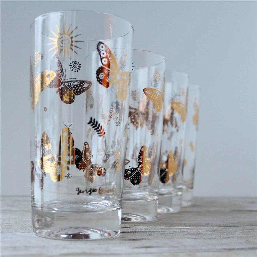 SALE WAS 22.00: Georges Briard Gold Glasses / Mid Century Modern Butterfly Drinkware / Sunburst Starburst Cups