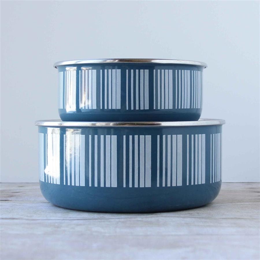 Blue Barcode Enamel Bowls / Serving Dishes / Mid Century Modern Metal Pieces / Dusty Blue Nesting Mixing Bowls / Similar To Pyrex Pattern