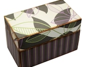 Recipe Box Wood Retro Purple Green Leaves Brown Stripes Fits 4x6 Recipe Cards