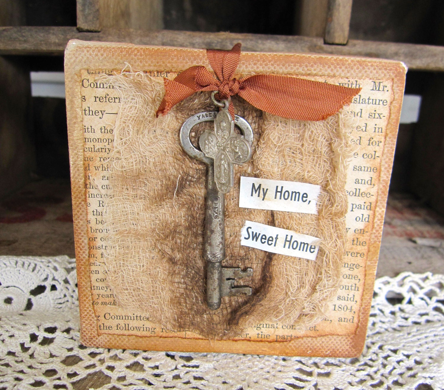 Collage, Mini, Primitive, Vintage Key, Brown, Sepia, Rustic, Mixed Media, Assemblage
