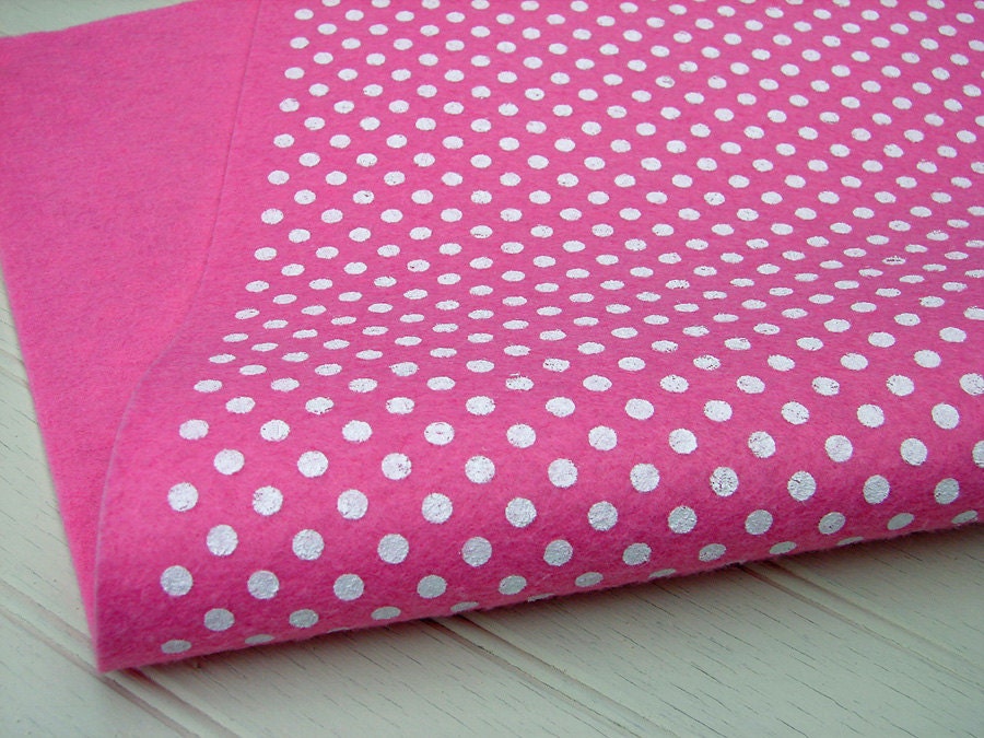 Wool Felt Fabric Sheets Shocking Pink with White Polka Dots - 12x18 Piece of Polka Dot Felt