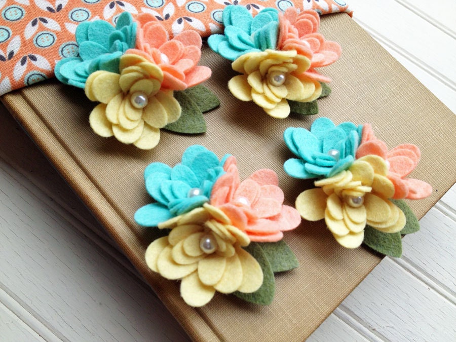Wool Felt Fabric Flowers - Mini Mum Trios - Mint Julep Collection - Set of 4 with Leaves