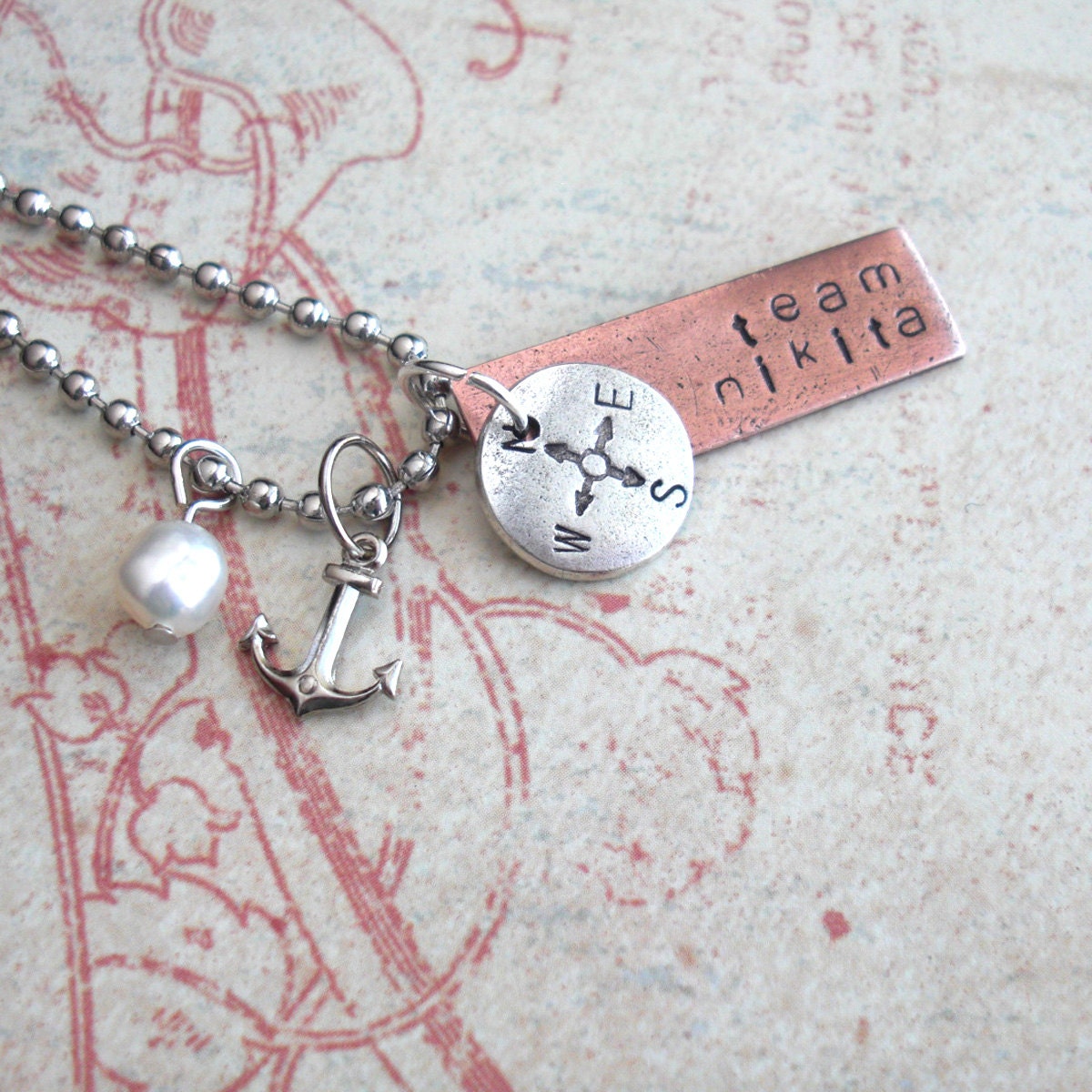 SHIP AHOY . GPS Latitude Longitude Necklace . Hand Stamped Charm with Anchor . Customize Nautical Coordinates . Copper, Silver, Gold