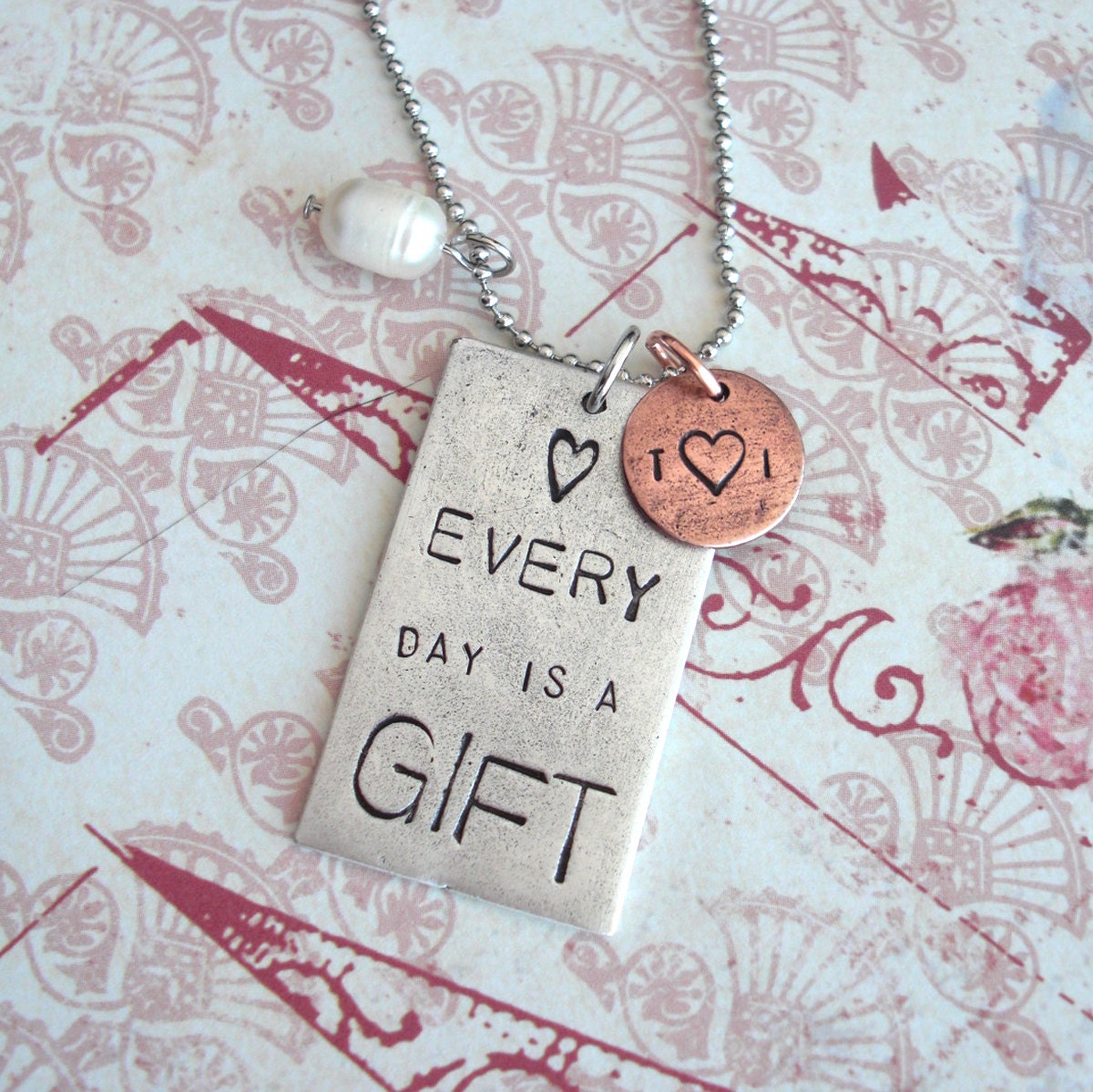 Life Is A Gift Necklace with Mini Disc .. Silver Grande Pendant . Hand Stamped . Antiqued Metal Tag . Customize Your Inspirational Saying
